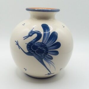 VTG Bulle Dubuis Bosshard Crane Peacock Blue Small Vase 4"Swiss Hand Painted HTF